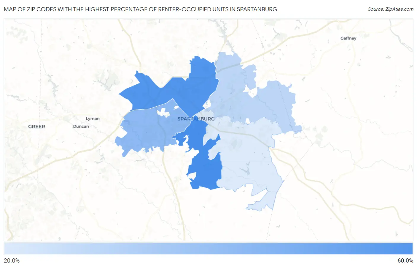 Zip Codes with the Highest Percentage of Renter-Occupied Units in Spartanburg Map