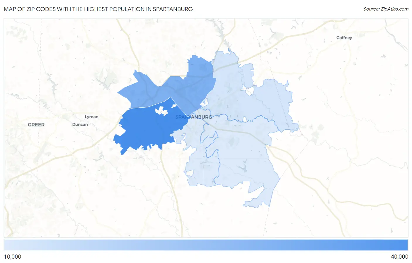 Zip Codes with the Highest Population in Spartanburg Map