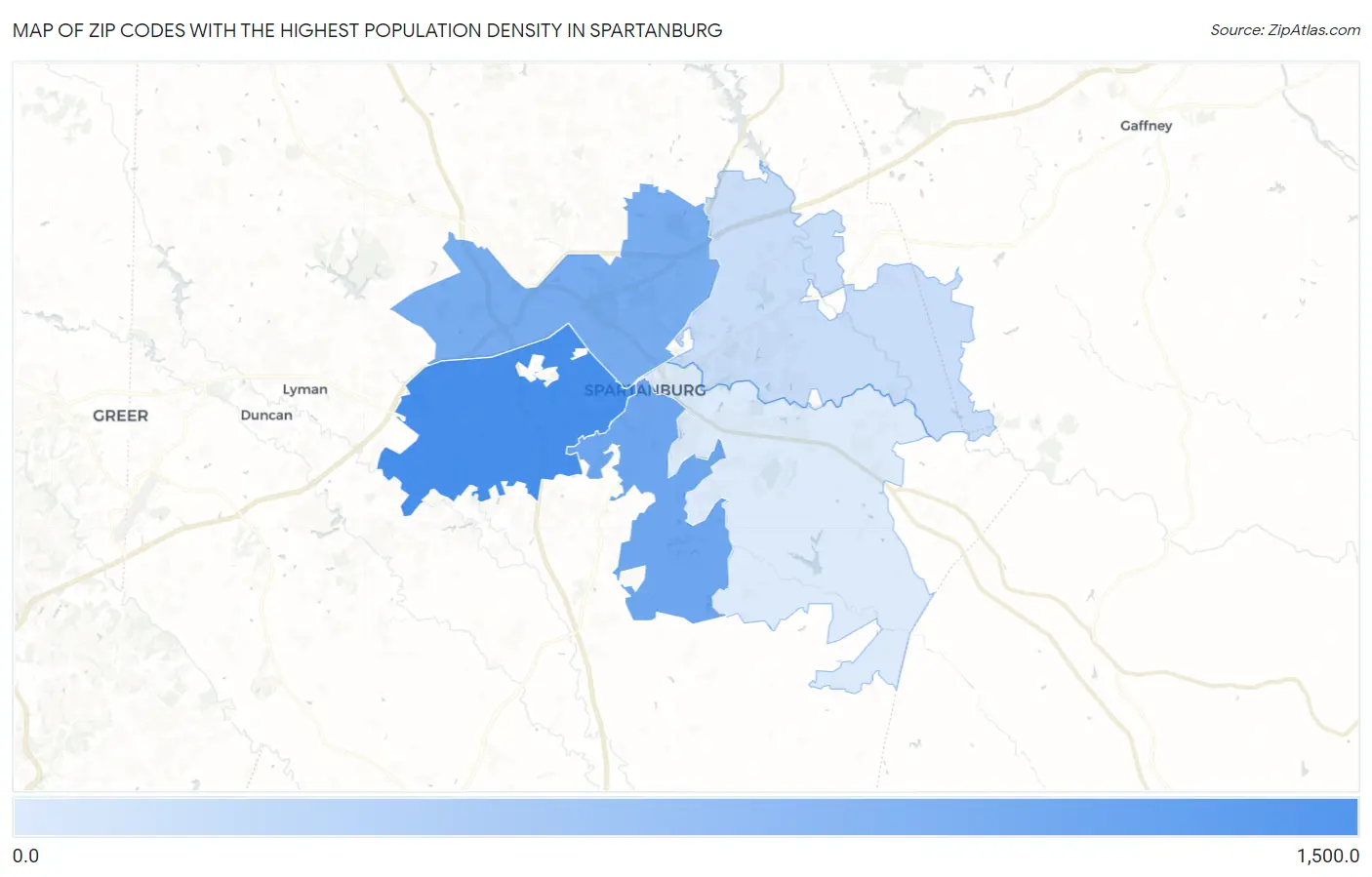 Zip Codes with the Highest Population Density in Spartanburg Map