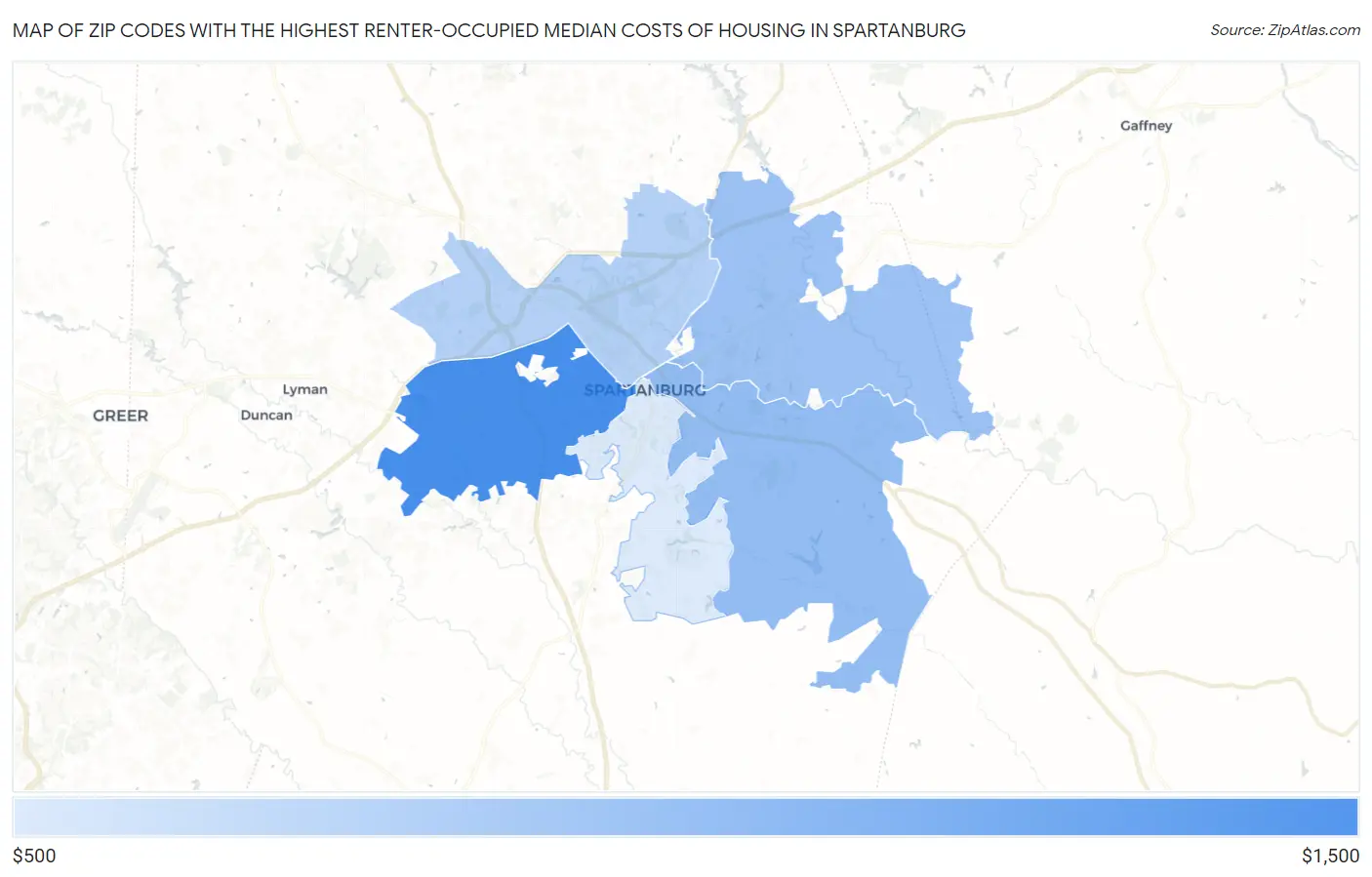 Zip Codes with the Highest Renter-Occupied Median Costs of Housing in Spartanburg Map