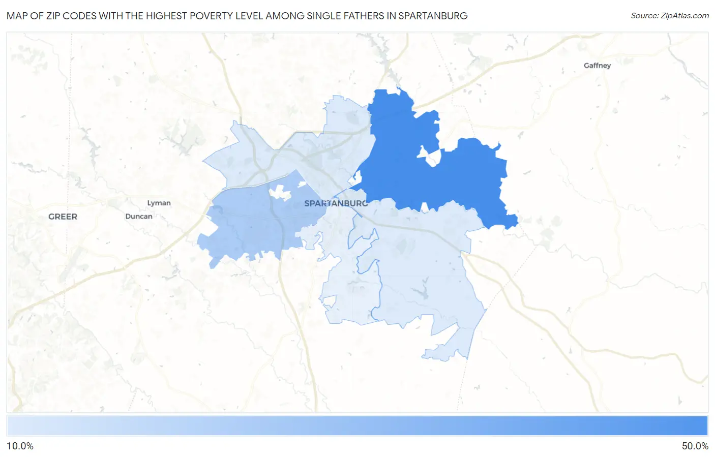 Zip Codes with the Highest Poverty Level Among Single Fathers in Spartanburg Map