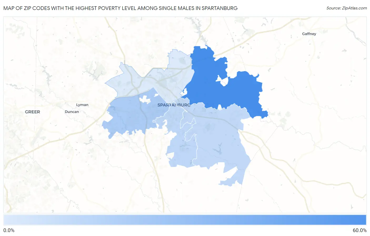Zip Codes with the Highest Poverty Level Among Single Males in Spartanburg Map