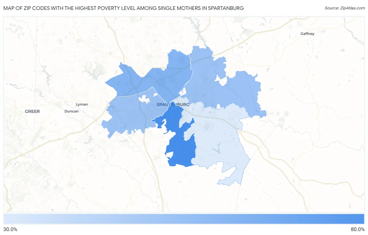 Zip Codes with the Highest Poverty Level Among Single Mothers in Spartanburg Map