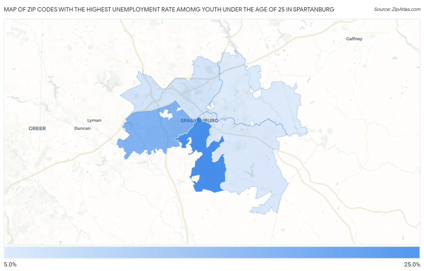 Zip Codes with the Highest Unemployment Rate Amomg Youth Under the Age of 25 in Spartanburg Map