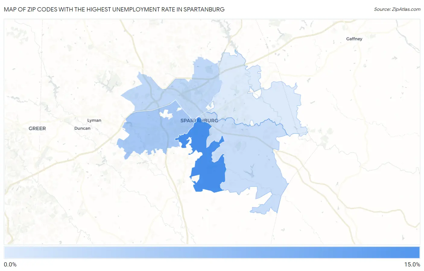 Zip Codes with the Highest Unemployment Rate in Spartanburg Map