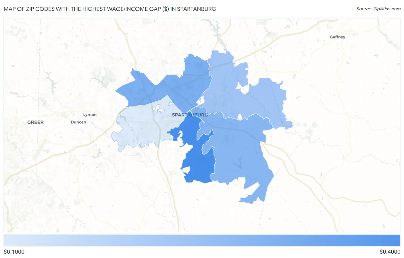 Zip Codes with the Highest Wage/Income Gap ($) in Spartanburg Map