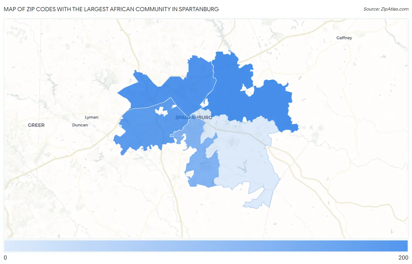 Zip Codes with the Largest African Community in Spartanburg Map
