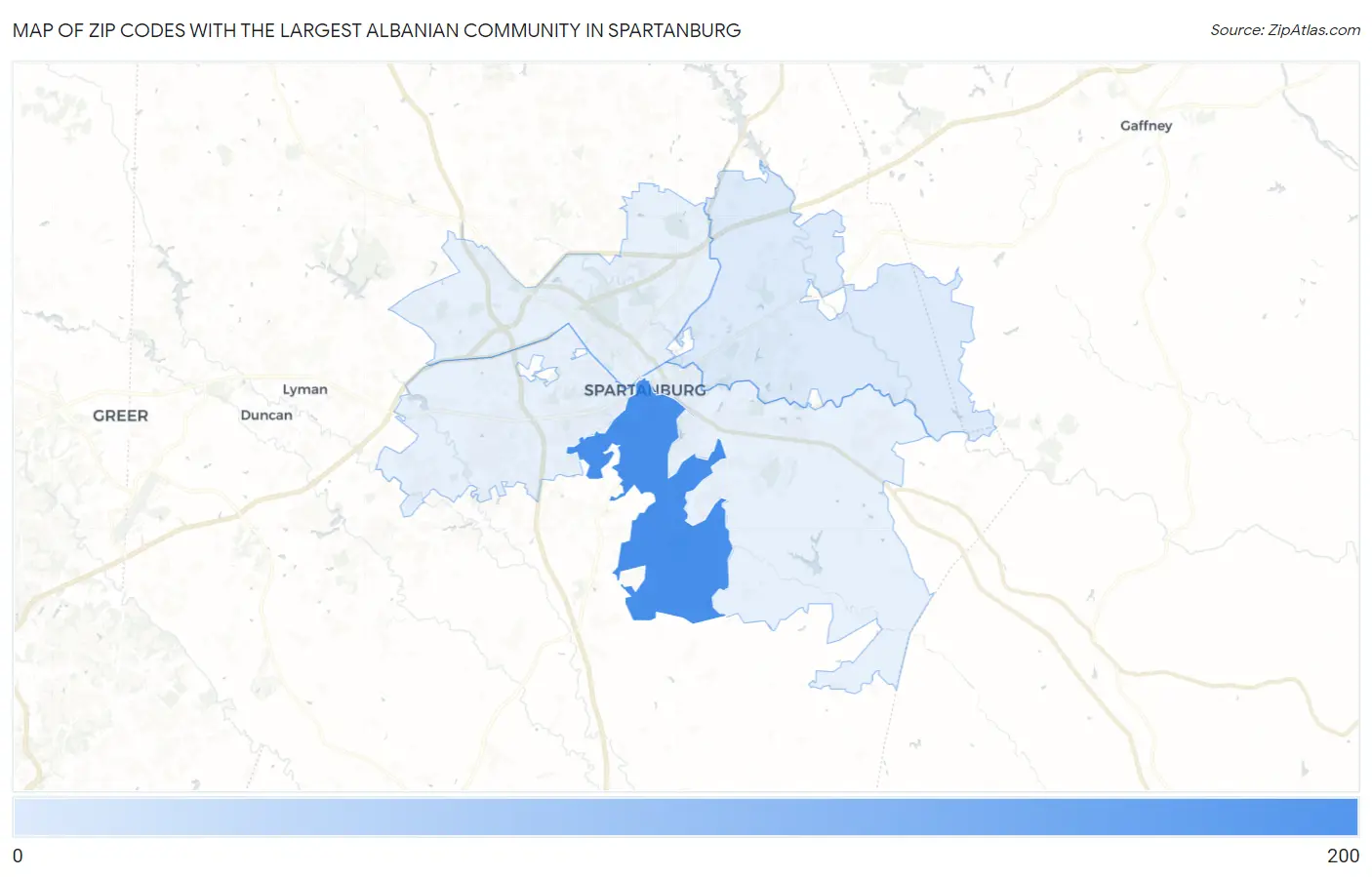 Zip Codes with the Largest Albanian Community in Spartanburg Map