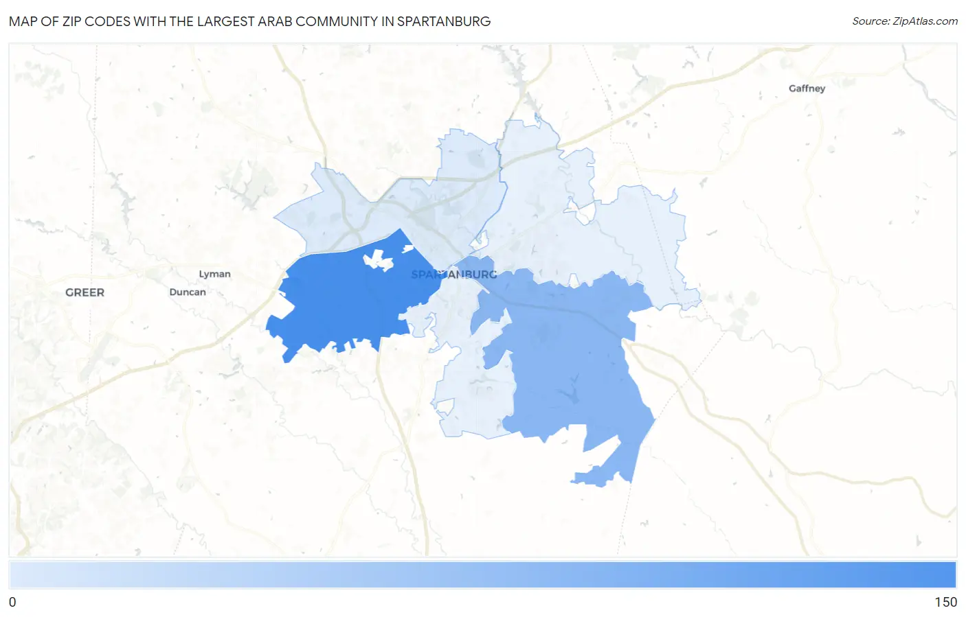 Zip Codes with the Largest Arab Community in Spartanburg Map