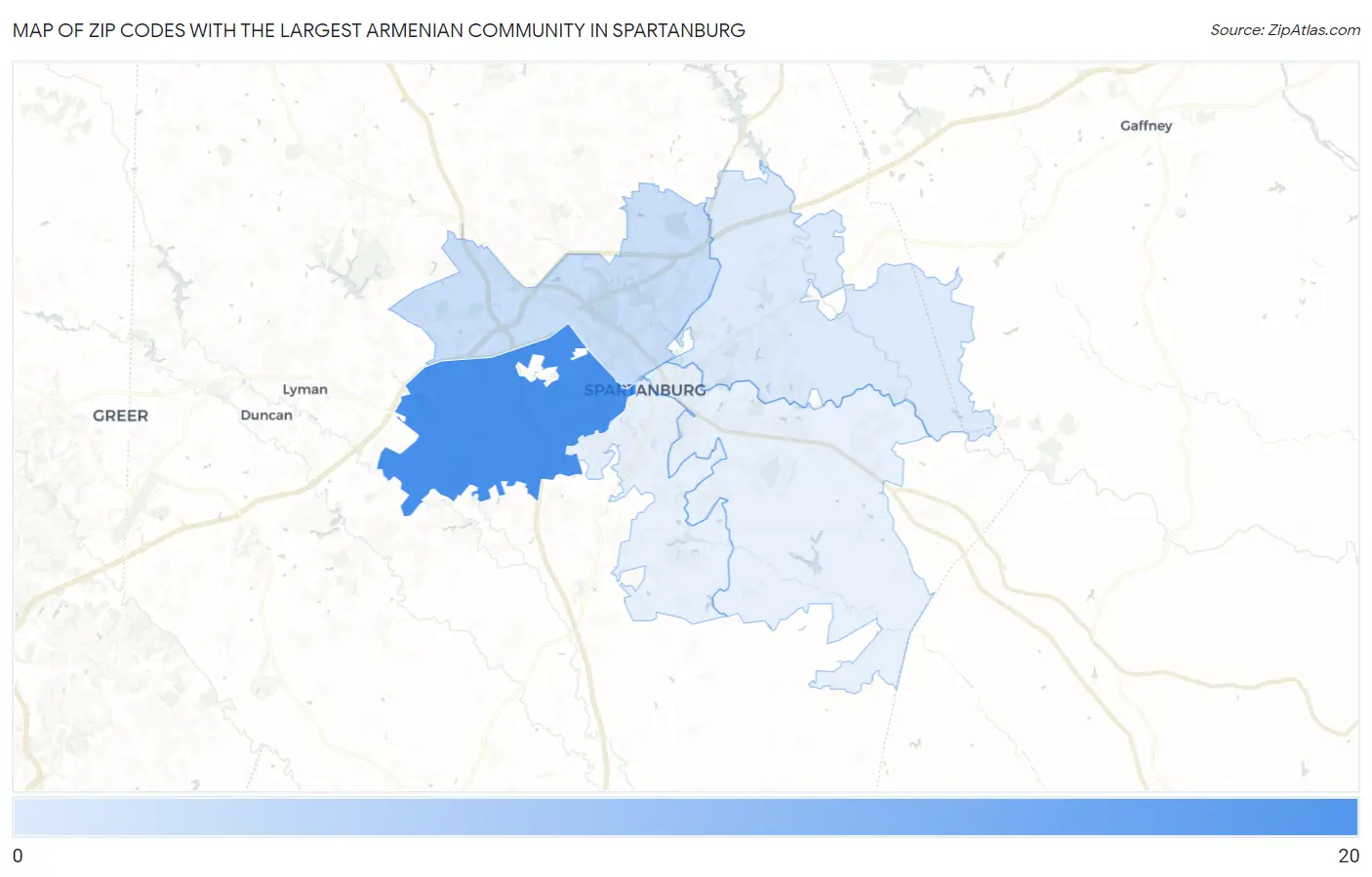 Zip Codes with the Largest Armenian Community in Spartanburg Map