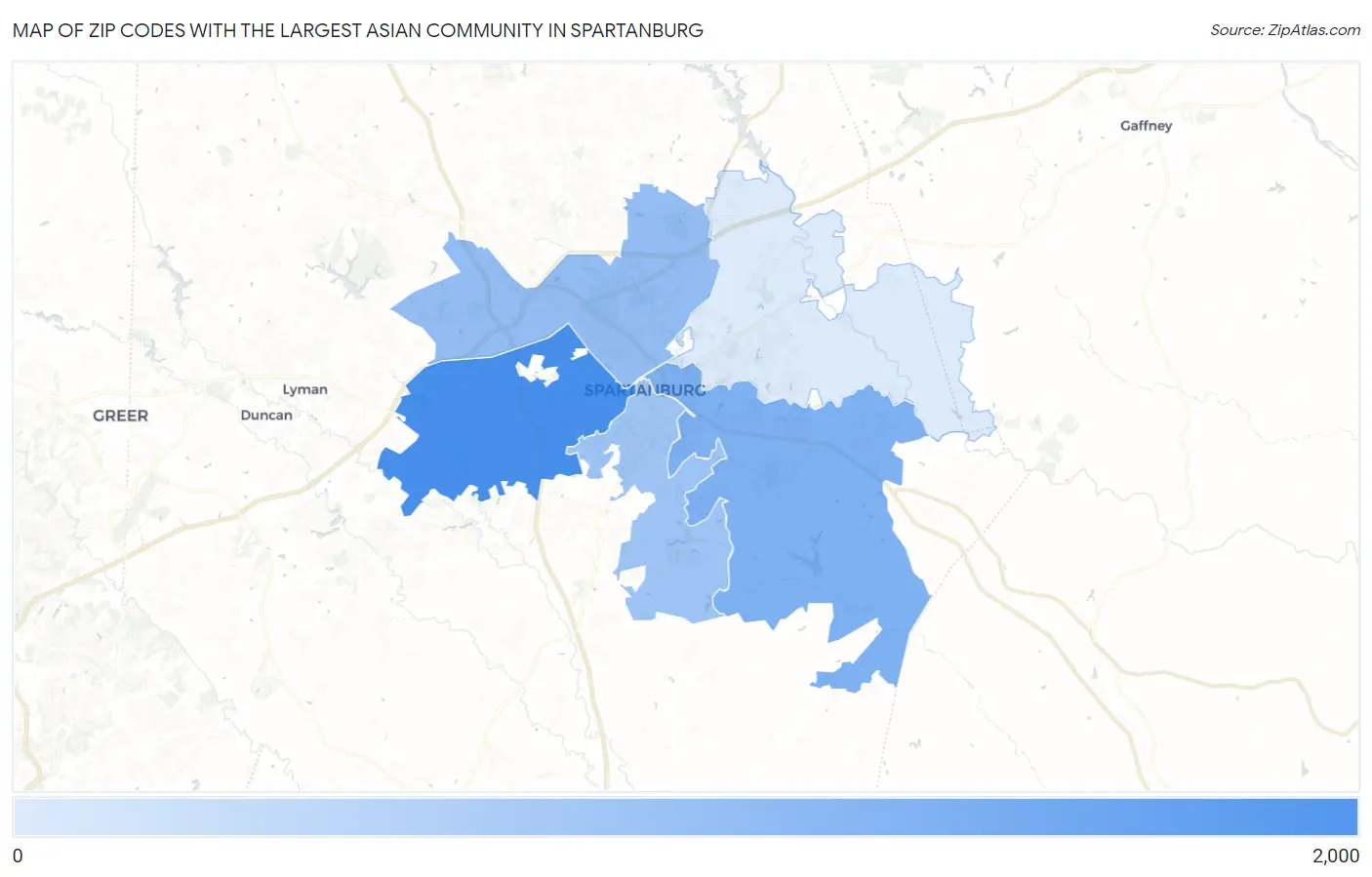 Zip Codes with the Largest Asian Community in Spartanburg Map