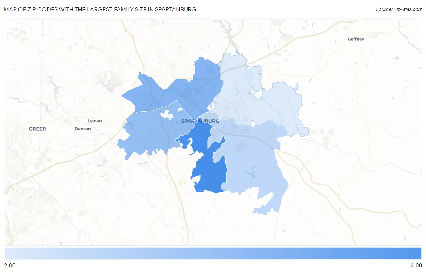 Zip Codes with the Largest Family Size in Spartanburg Map