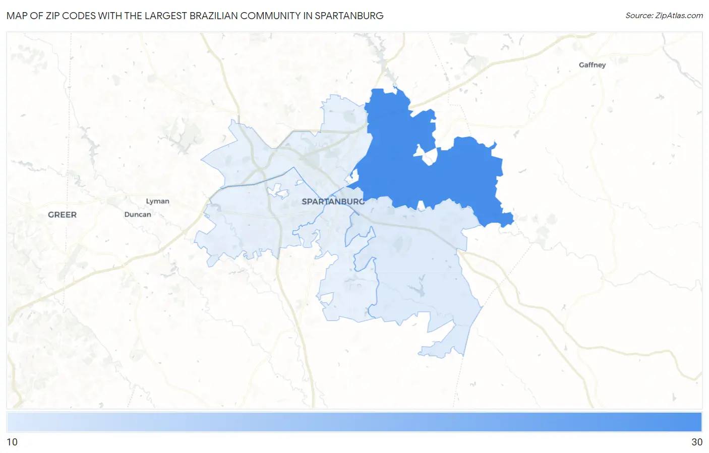 Zip Codes with the Largest Brazilian Community in Spartanburg Map