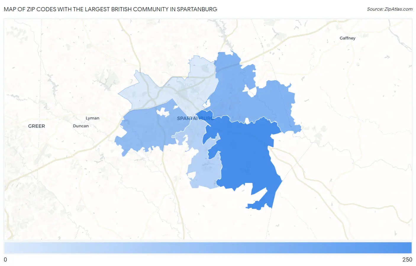 Zip Codes with the Largest British Community in Spartanburg Map