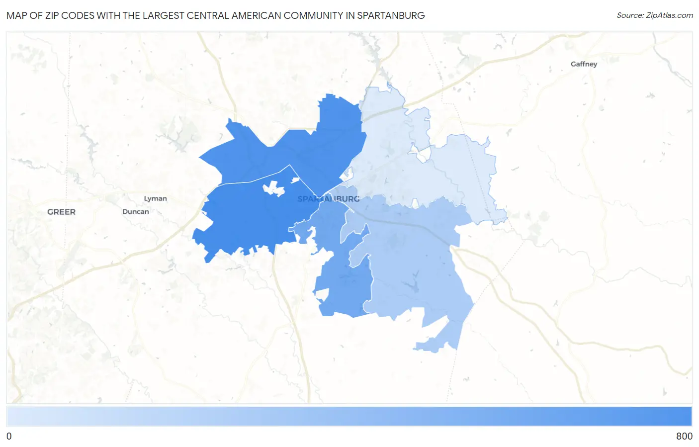 Zip Codes with the Largest Central American Community in Spartanburg Map