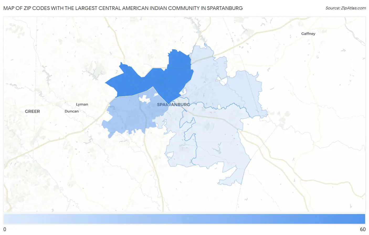Zip Codes with the Largest Central American Indian Community in Spartanburg Map