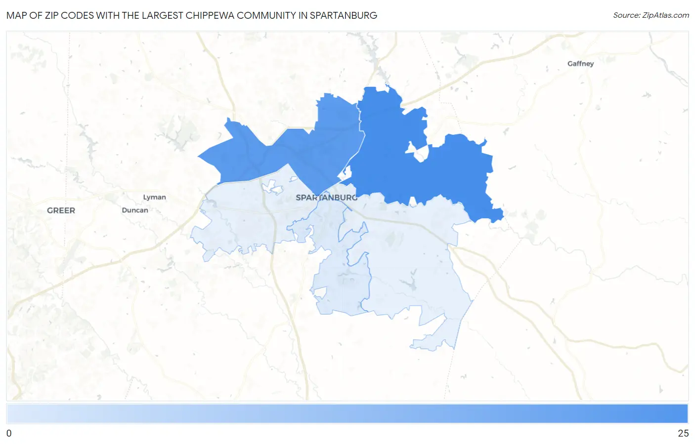 Zip Codes with the Largest Chippewa Community in Spartanburg Map