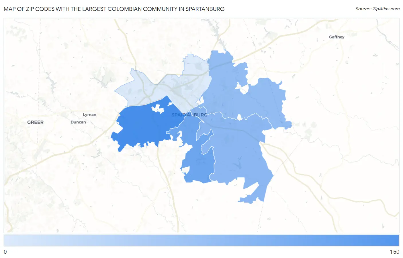 Zip Codes with the Largest Colombian Community in Spartanburg Map