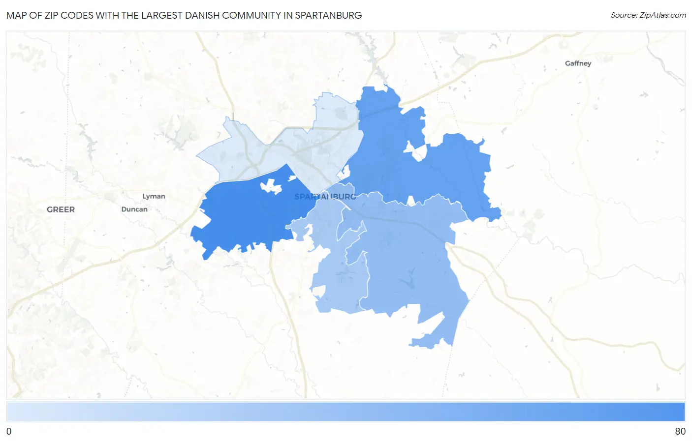 Zip Codes with the Largest Danish Community in Spartanburg Map
