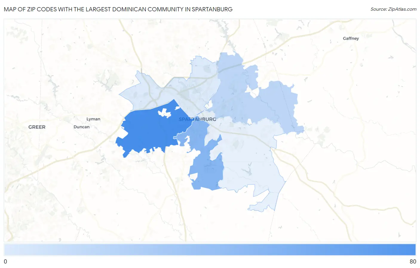 Zip Codes with the Largest Dominican Community in Spartanburg Map