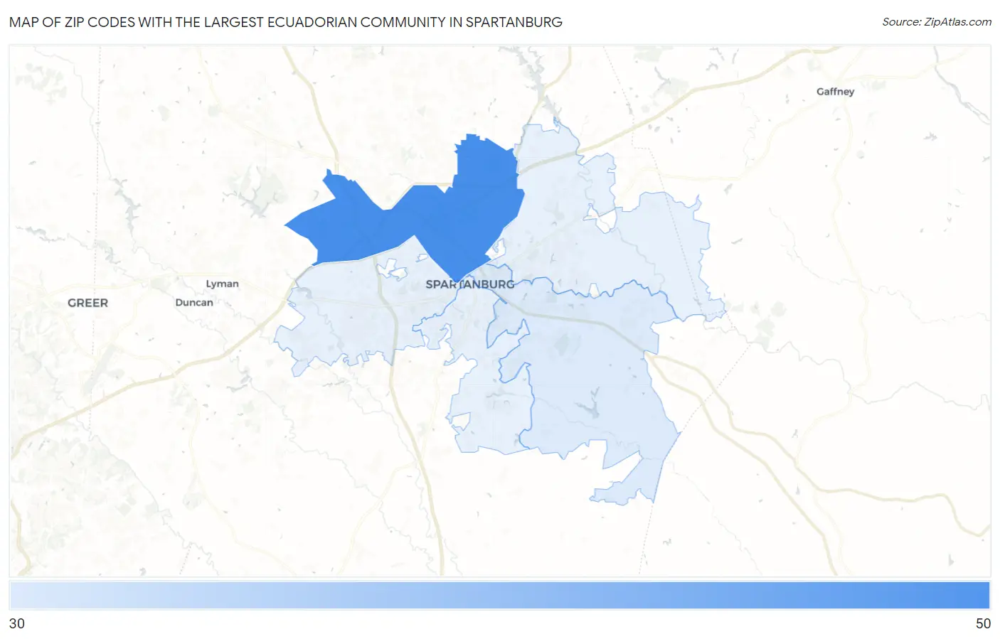 Zip Codes with the Largest Ecuadorian Community in Spartanburg Map