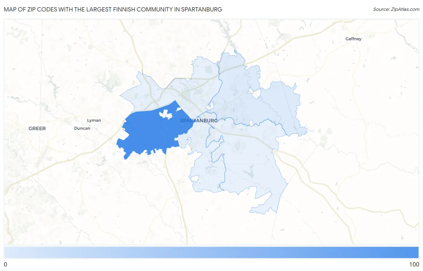 Zip Codes with the Largest Finnish Community in Spartanburg Map