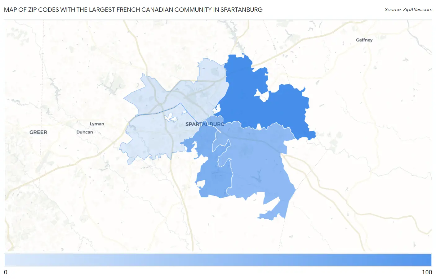 Zip Codes with the Largest French Canadian Community in Spartanburg Map