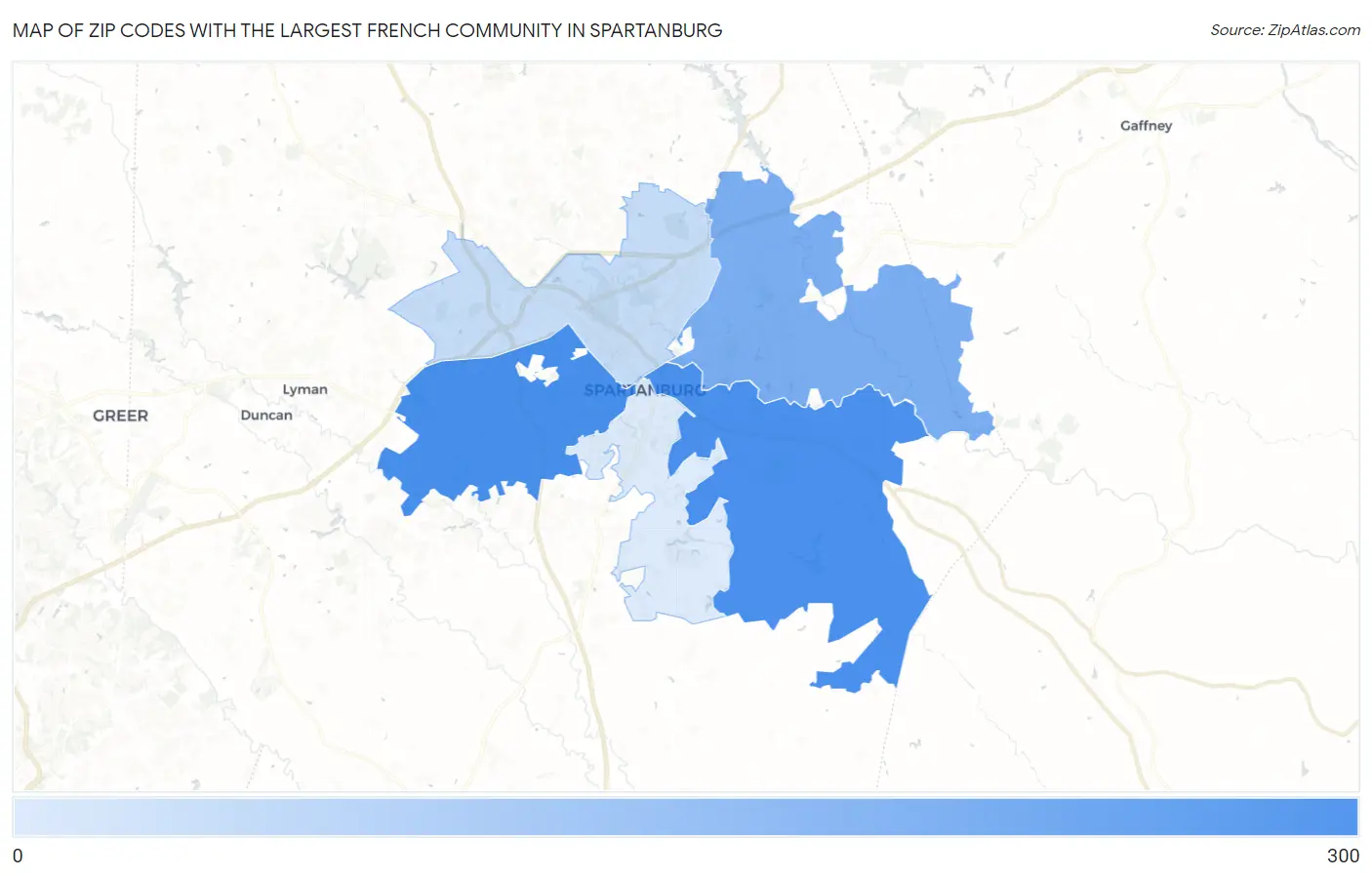Zip Codes with the Largest French Community in Spartanburg Map