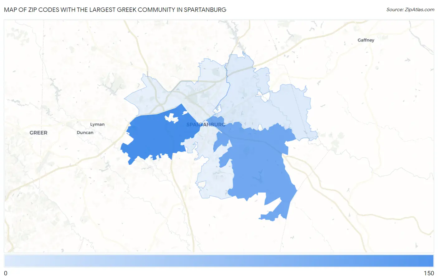 Zip Codes with the Largest Greek Community in Spartanburg Map