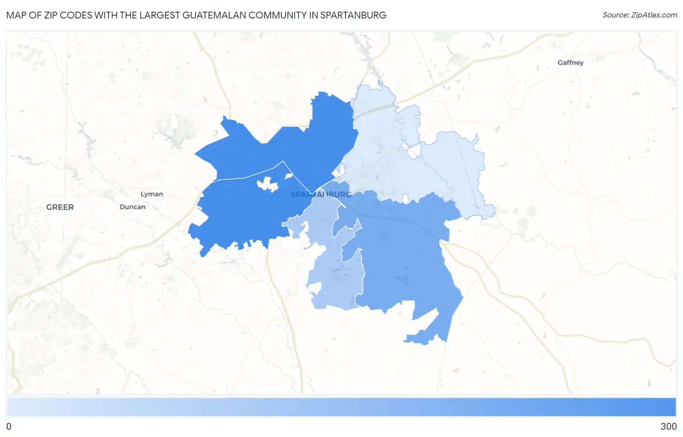 Zip Codes with the Largest Guatemalan Community in Spartanburg Map