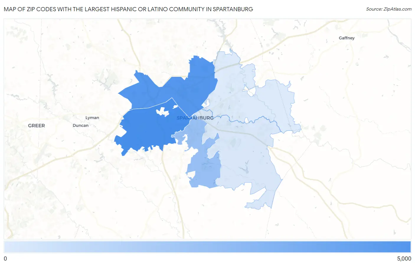 Zip Codes with the Largest Hispanic or Latino Community in Spartanburg Map