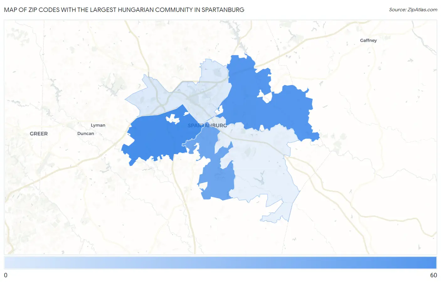Zip Codes with the Largest Hungarian Community in Spartanburg Map