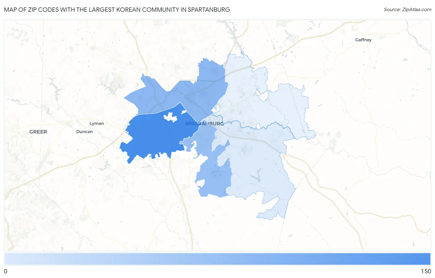 Zip Codes with the Largest Korean Community in Spartanburg Map