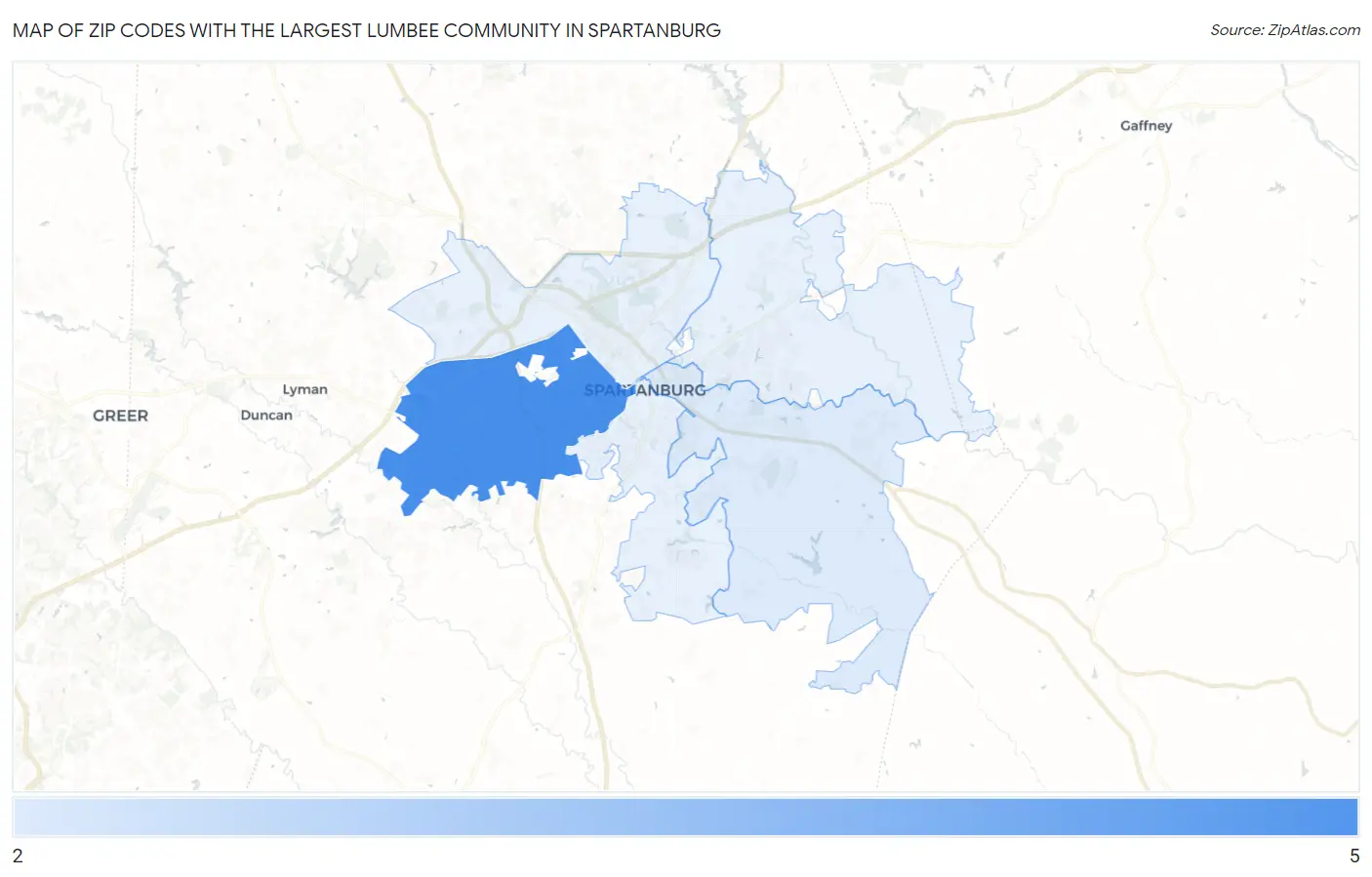 Zip Codes with the Largest Lumbee Community in Spartanburg Map