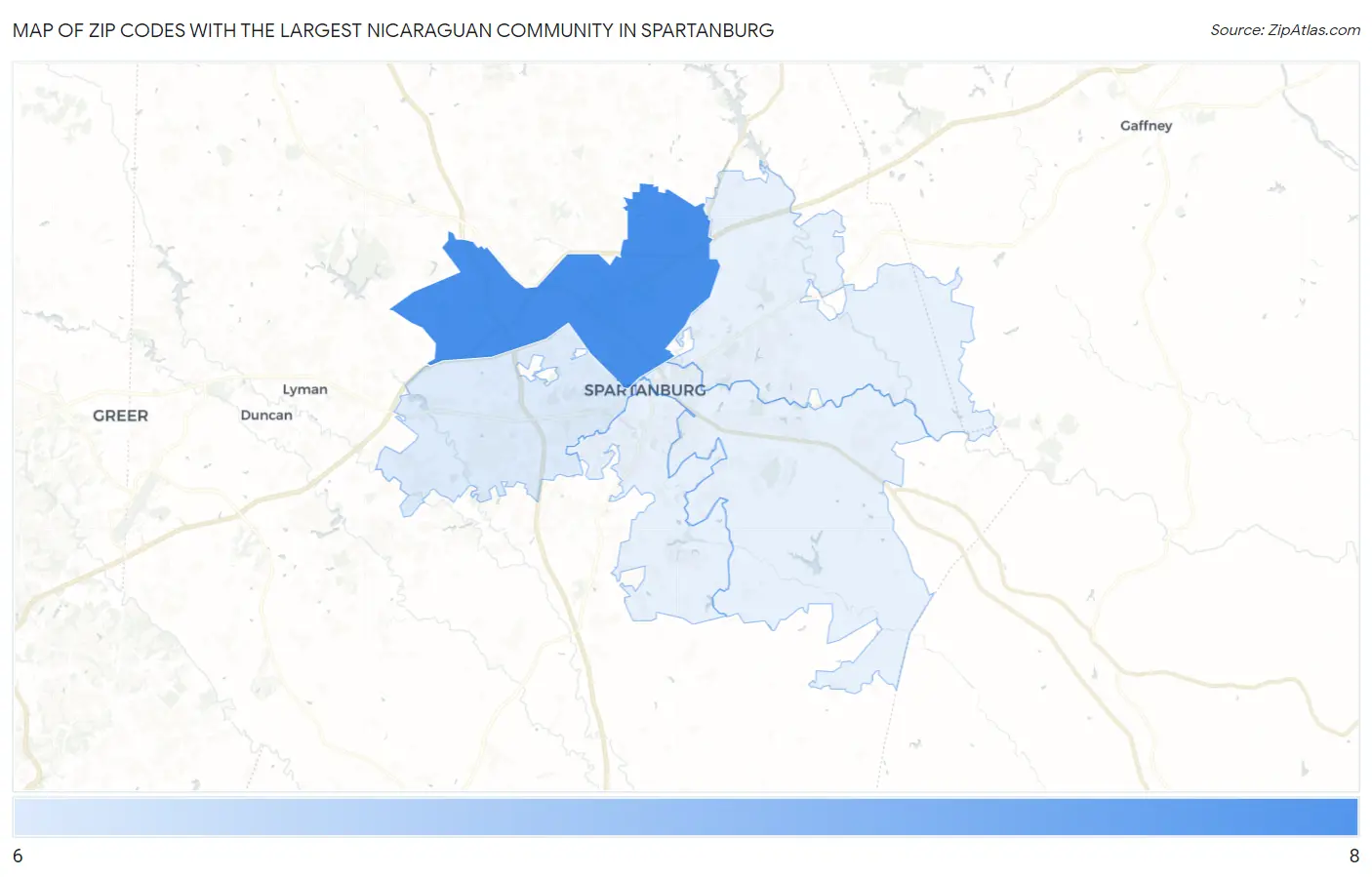 Zip Codes with the Largest Nicaraguan Community in Spartanburg Map