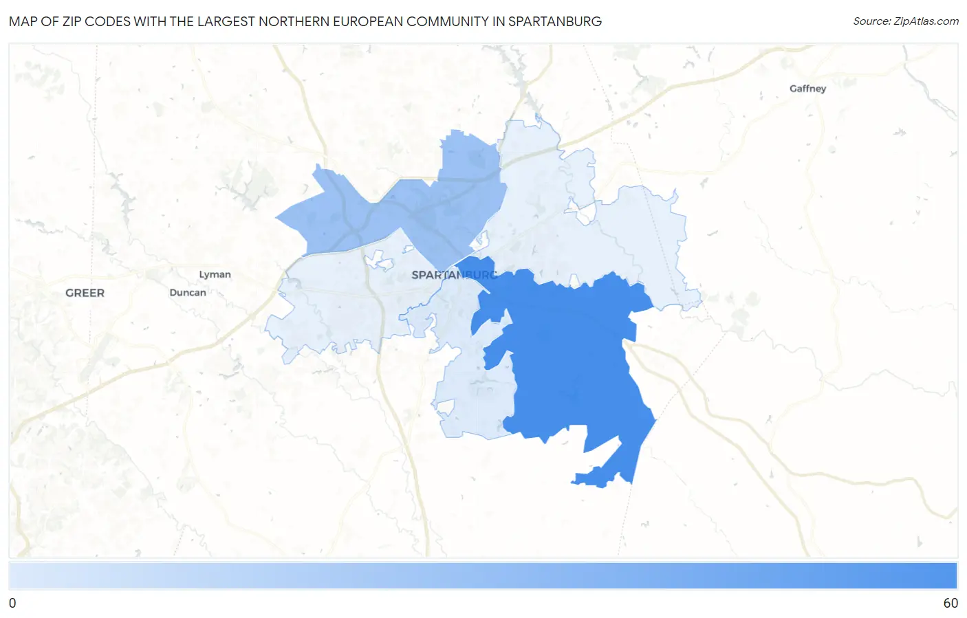Zip Codes with the Largest Northern European Community in Spartanburg Map