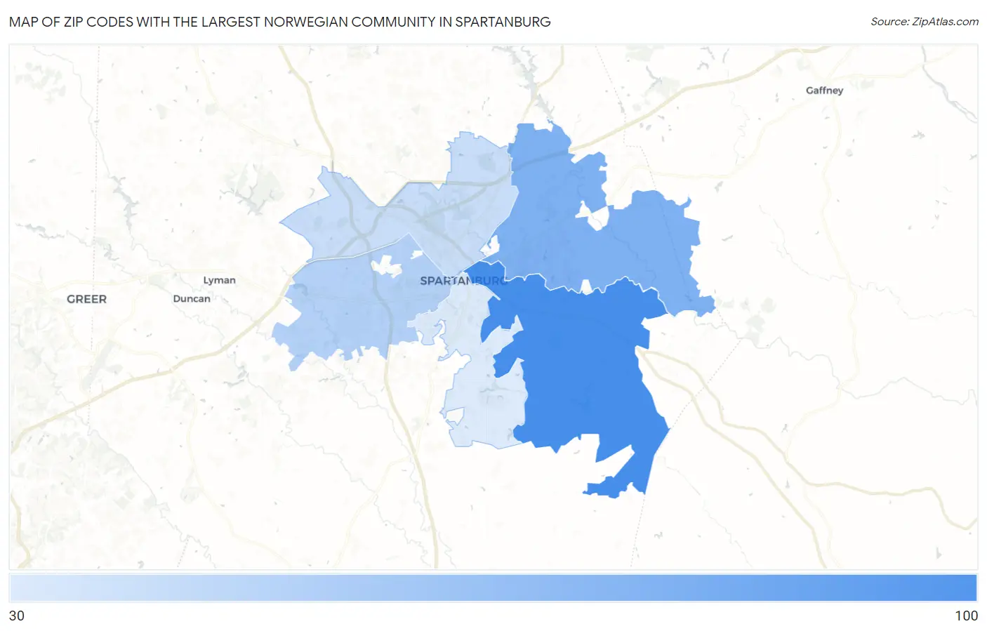 Zip Codes with the Largest Norwegian Community in Spartanburg Map