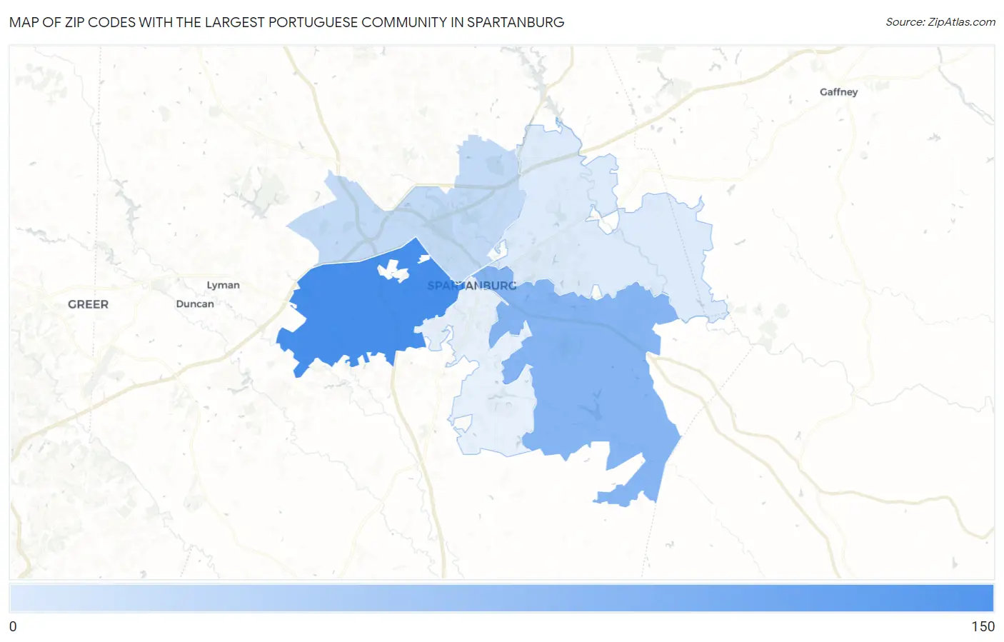Zip Codes with the Largest Portuguese Community in Spartanburg Map