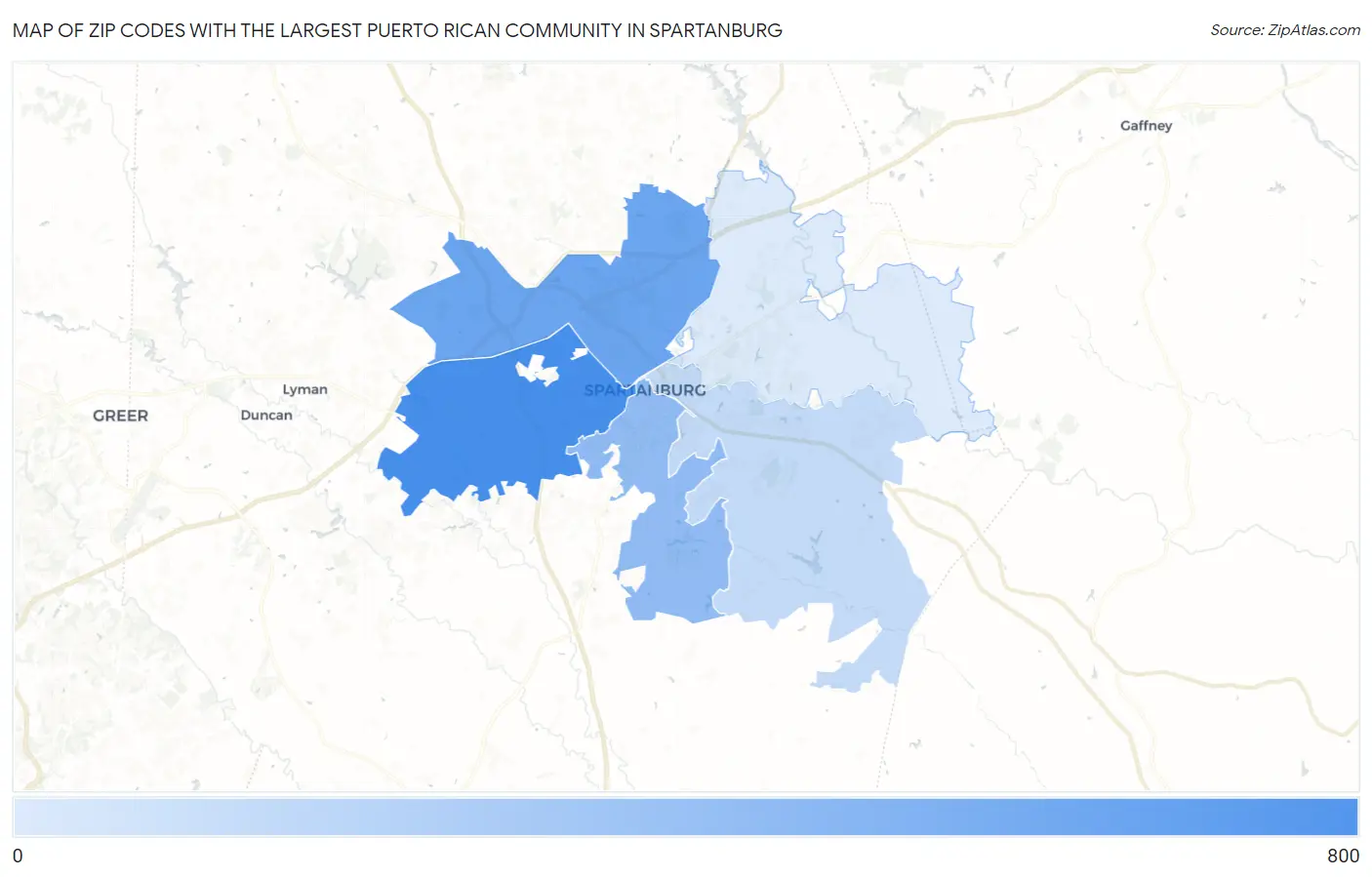 Zip Codes with the Largest Puerto Rican Community in Spartanburg Map