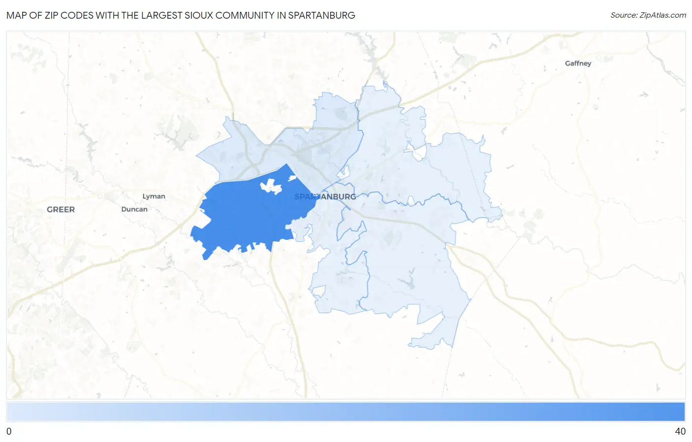 Zip Codes with the Largest Sioux Community in Spartanburg Map