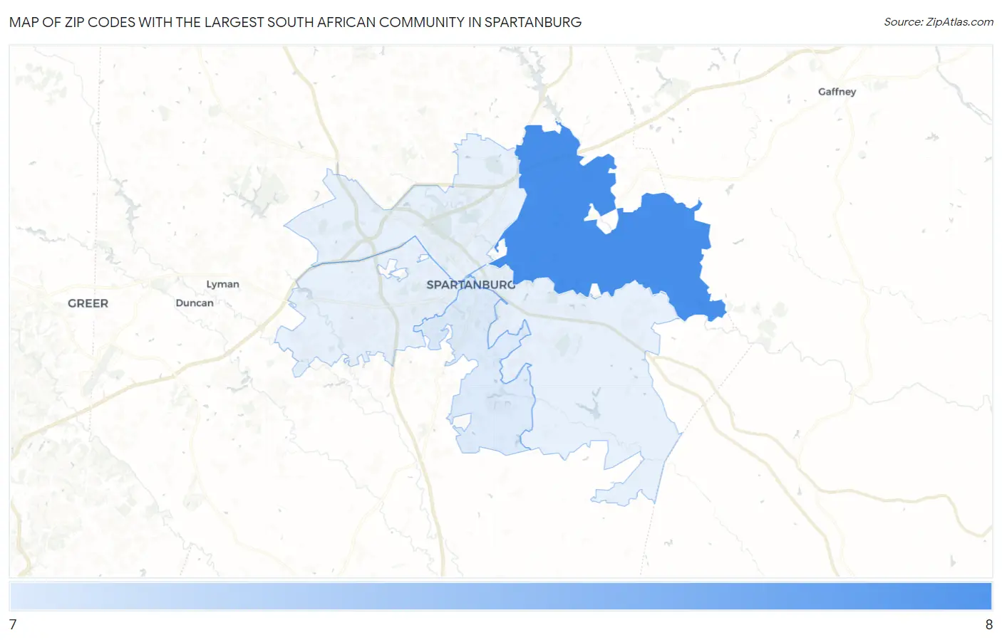 Zip Codes with the Largest South African Community in Spartanburg Map