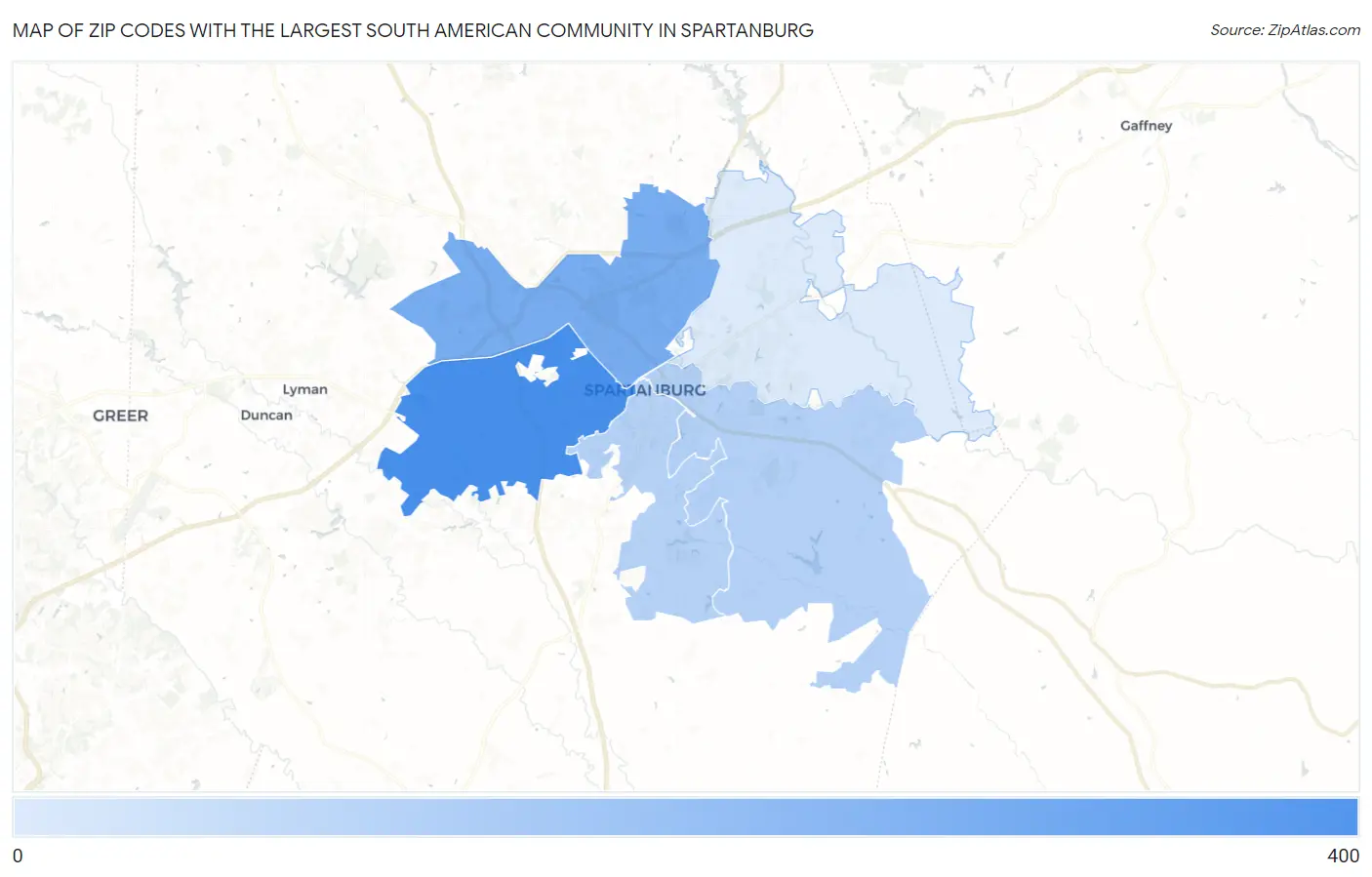 Zip Codes with the Largest South American Community in Spartanburg Map