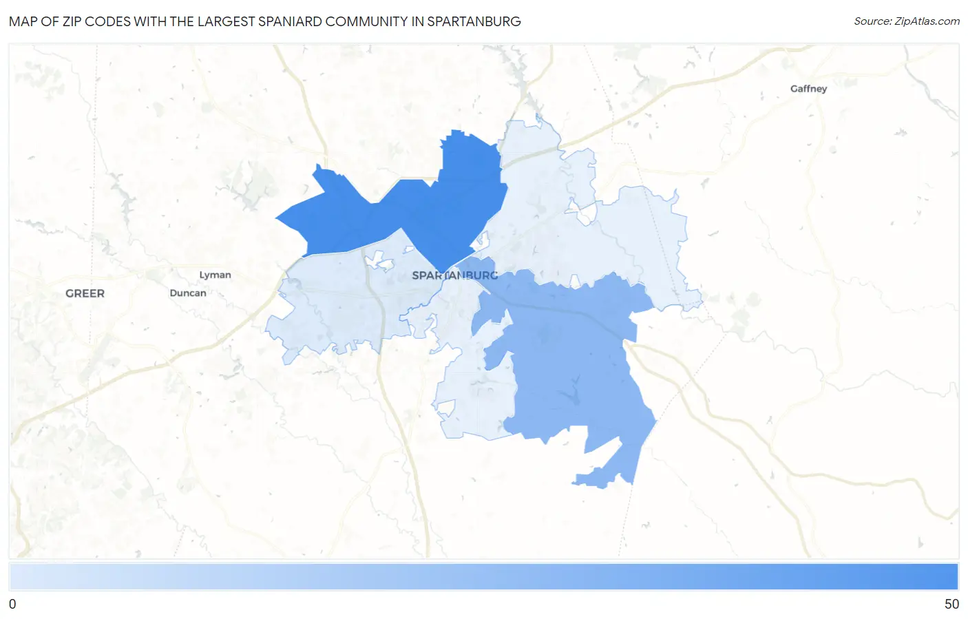 Zip Codes with the Largest Spaniard Community in Spartanburg Map