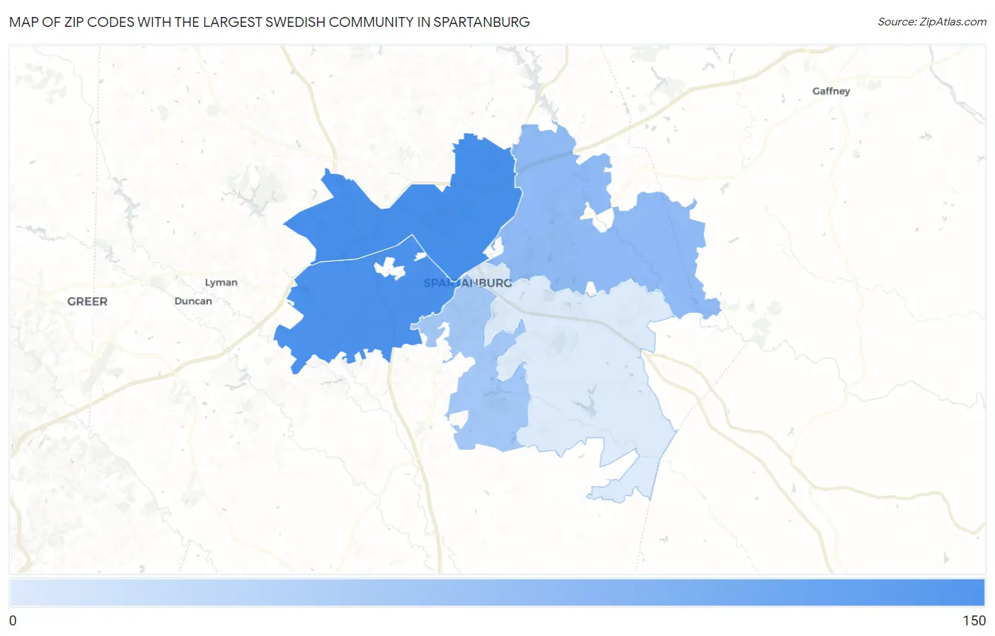 Zip Codes with the Largest Swedish Community in Spartanburg Map