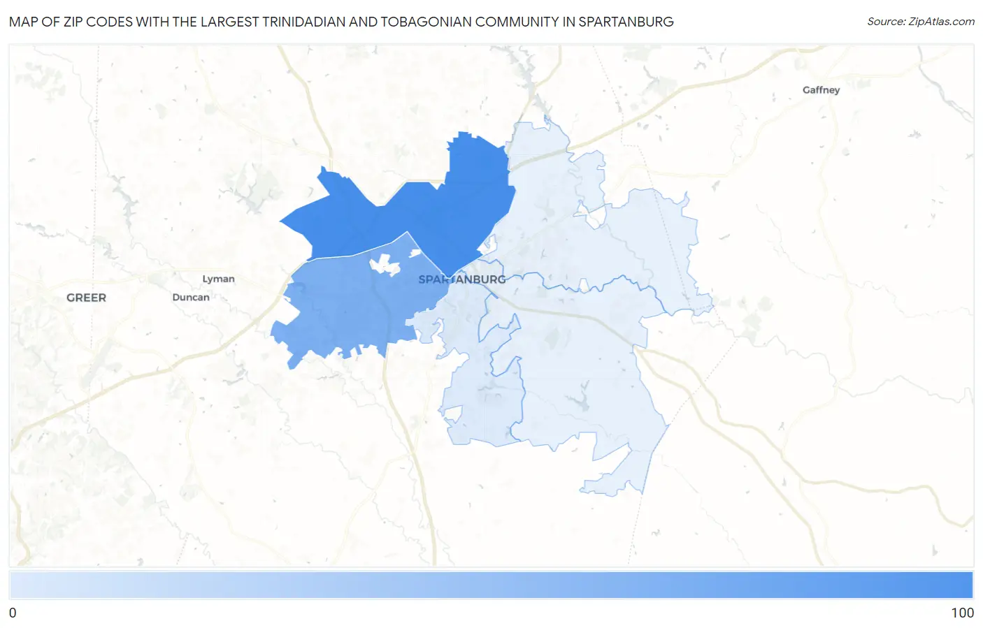 Zip Codes with the Largest Trinidadian and Tobagonian Community in Spartanburg Map