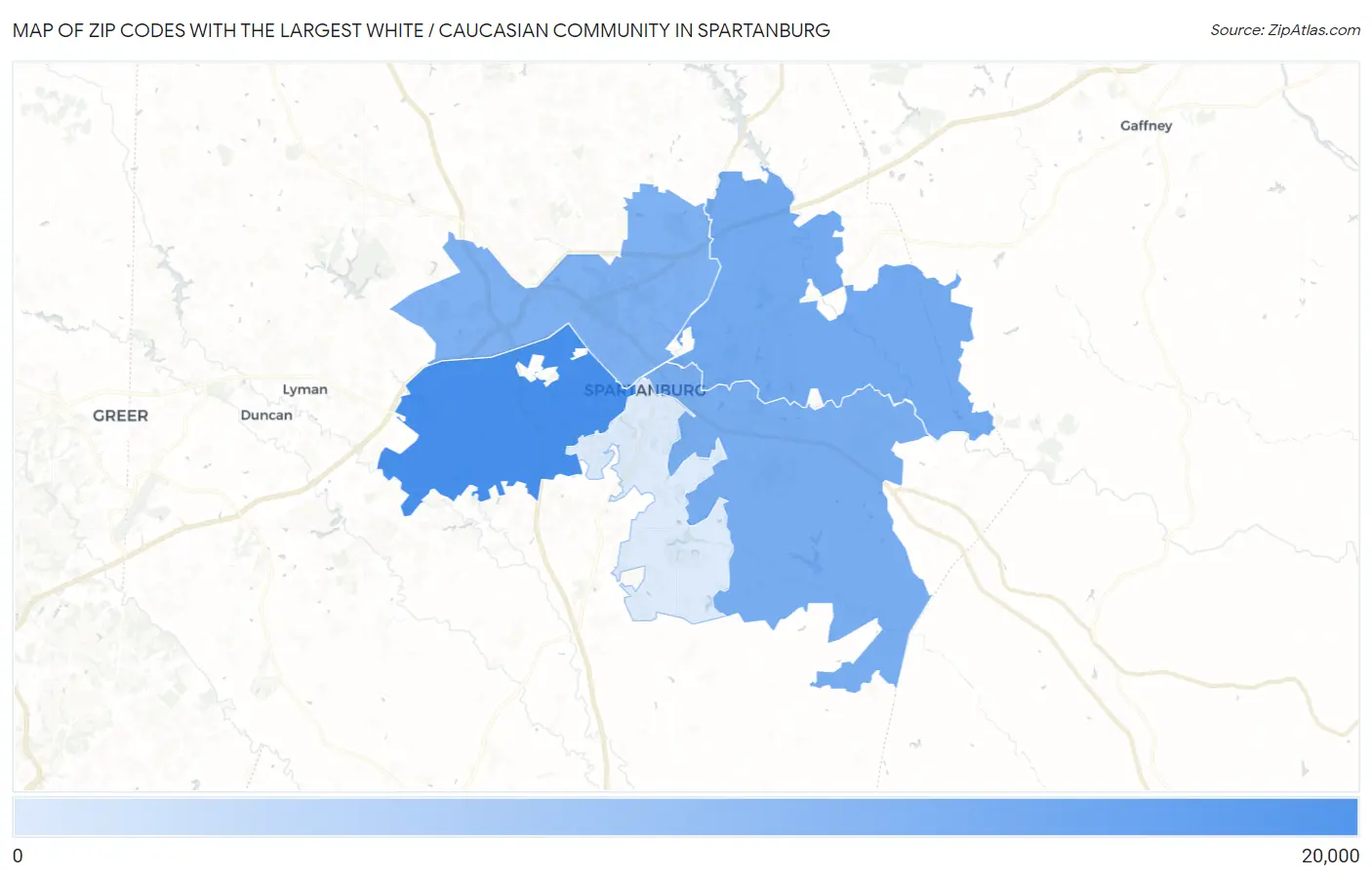 Zip Codes with the Largest White / Caucasian Community in Spartanburg Map