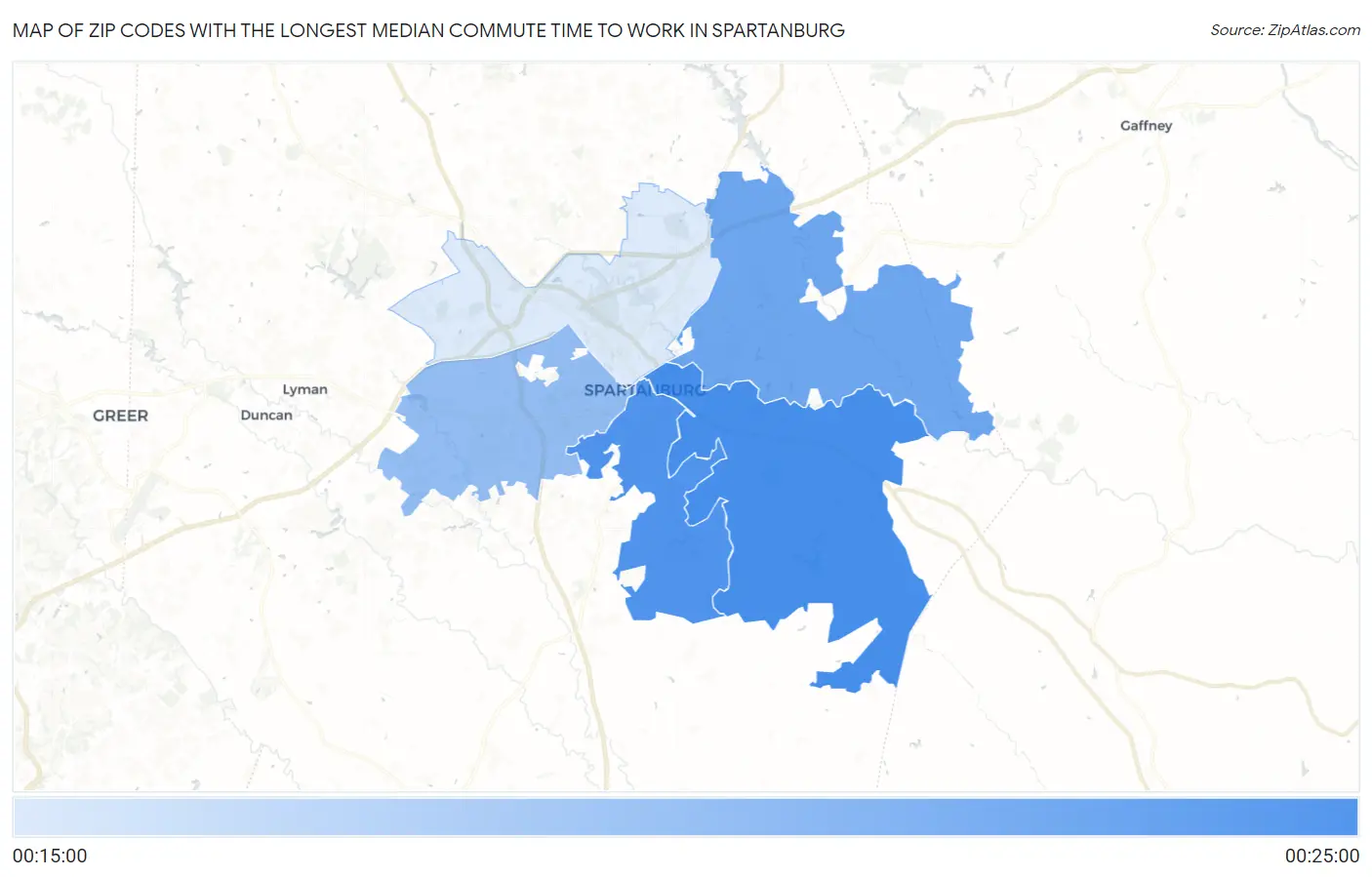 Zip Codes with the Longest Median Commute Time to Work in Spartanburg Map