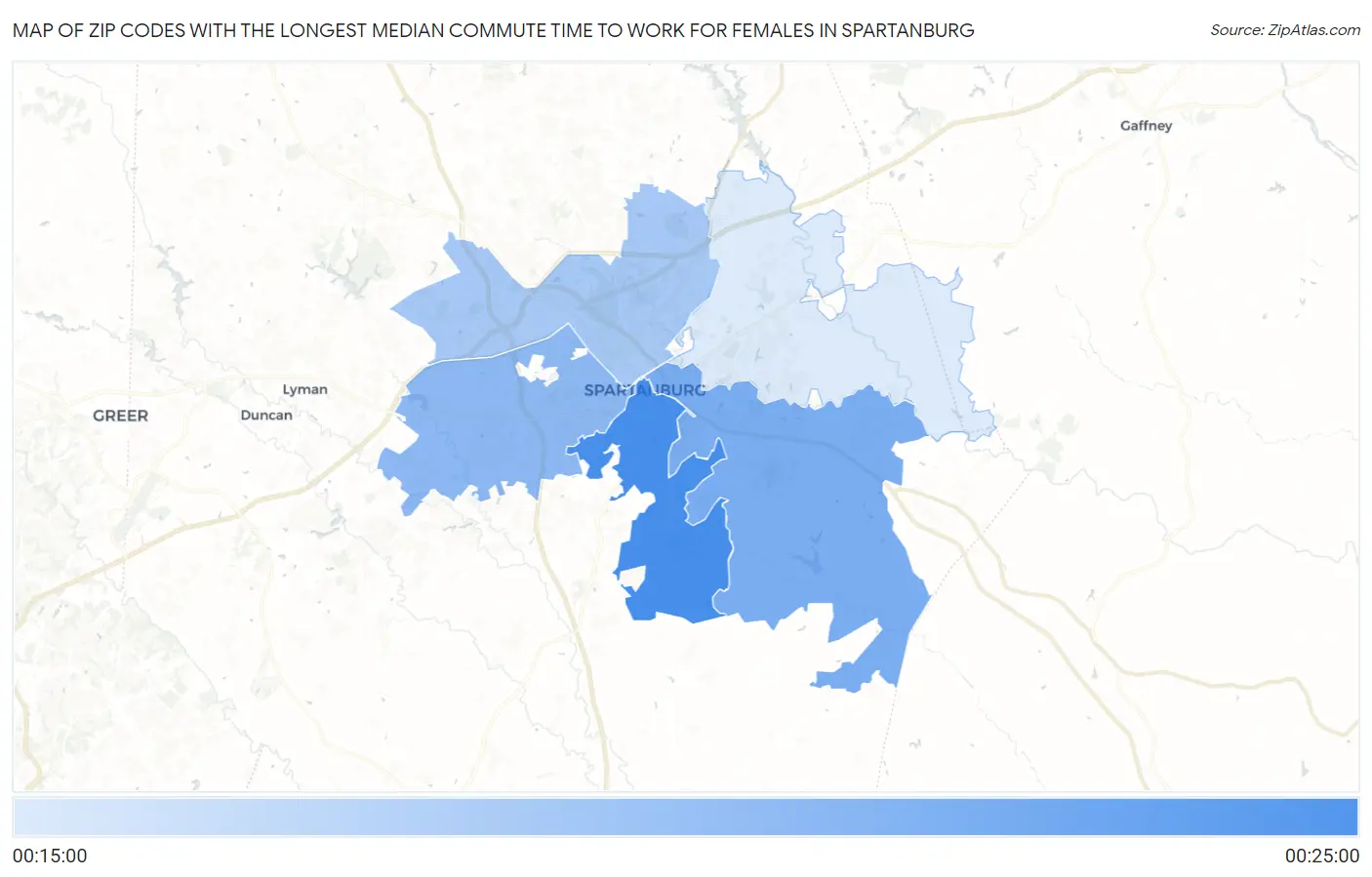 Zip Codes with the Longest Median Commute Time to Work for Females in Spartanburg Map