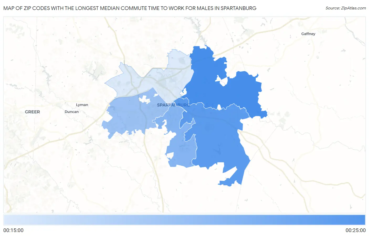 Zip Codes with the Longest Median Commute Time to Work for Males in Spartanburg Map