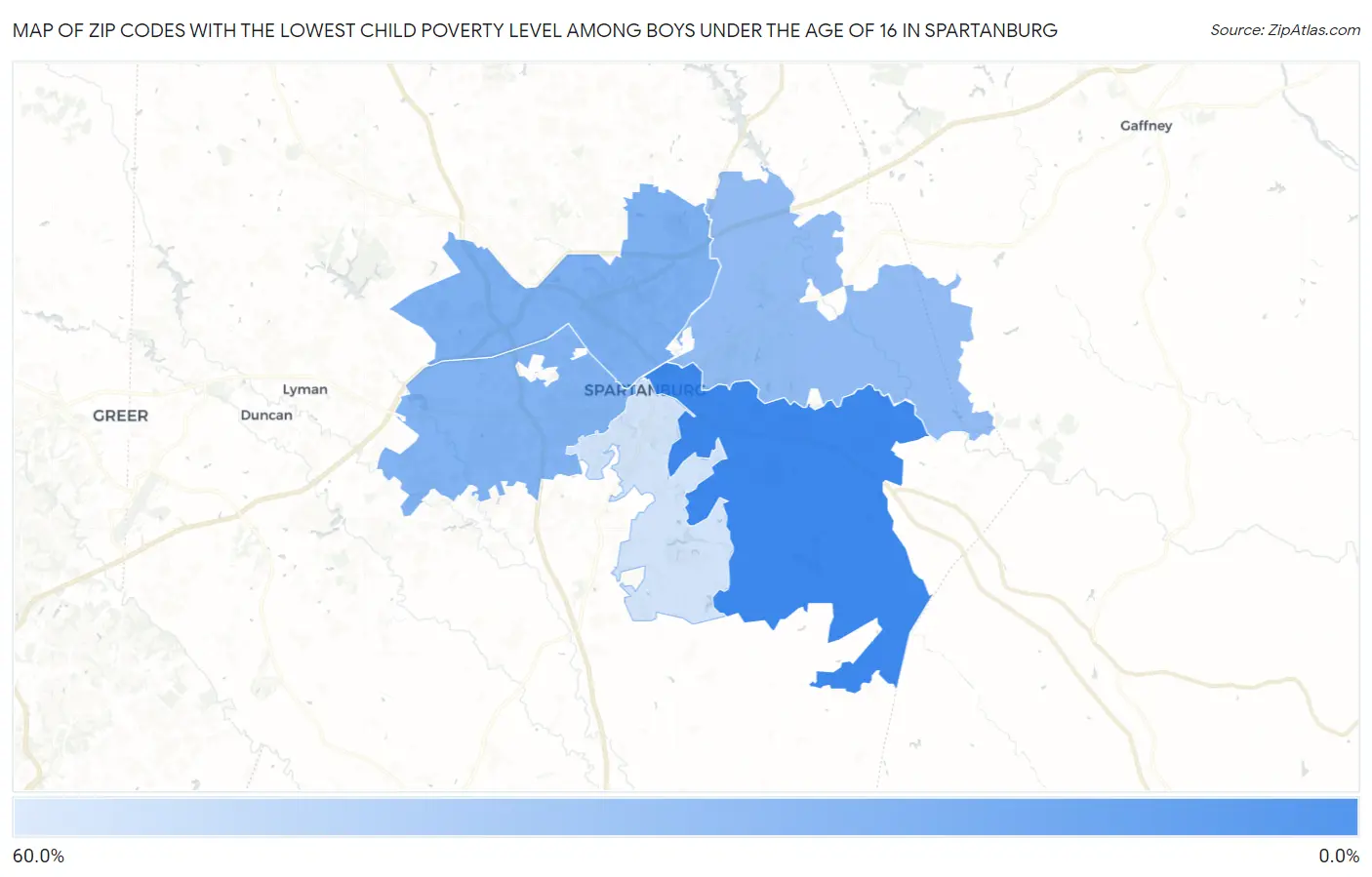 Zip Codes with the Lowest Child Poverty Level Among Boys Under the Age of 16 in Spartanburg Map